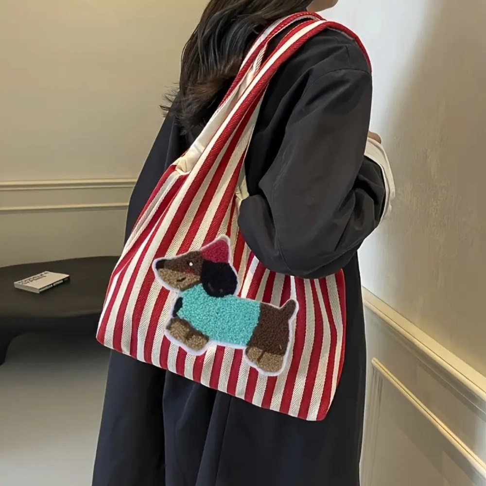 Striped Red and White Tote Bag with Dog Design